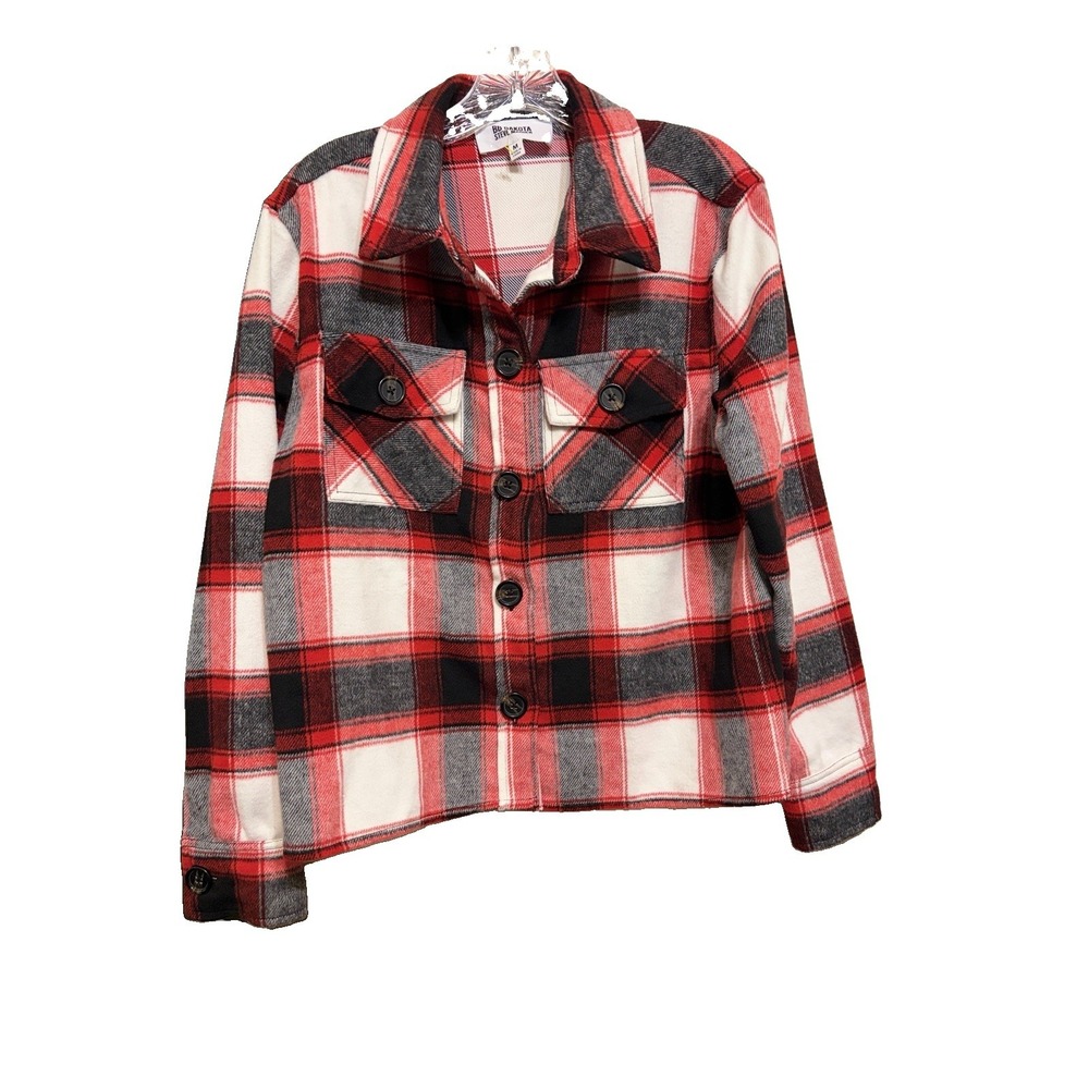 BB Dakota Women Plaid Button Front Shacket Size M Red White Black Flannel Jacket